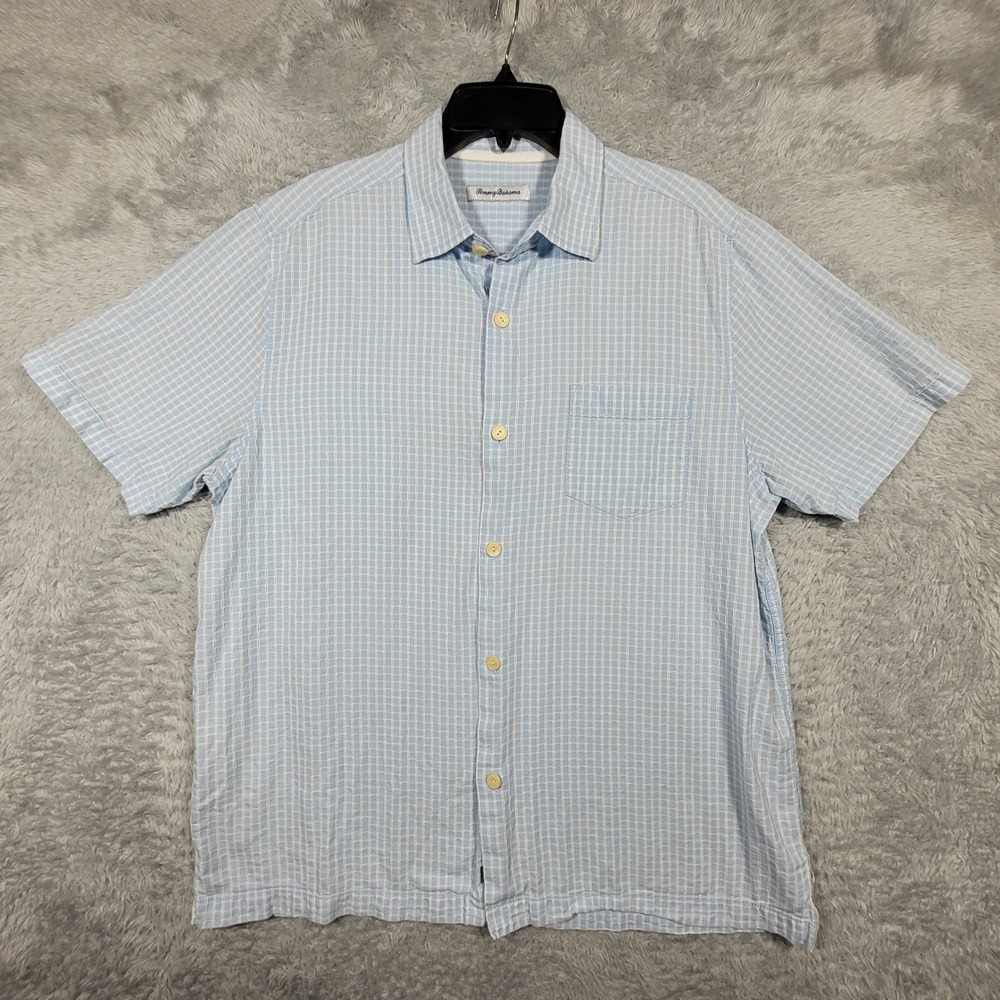 Tommy Bahama TB93 Mens Large Short Sleeve Button Up Shirt Blue Plaid Cotton Silk